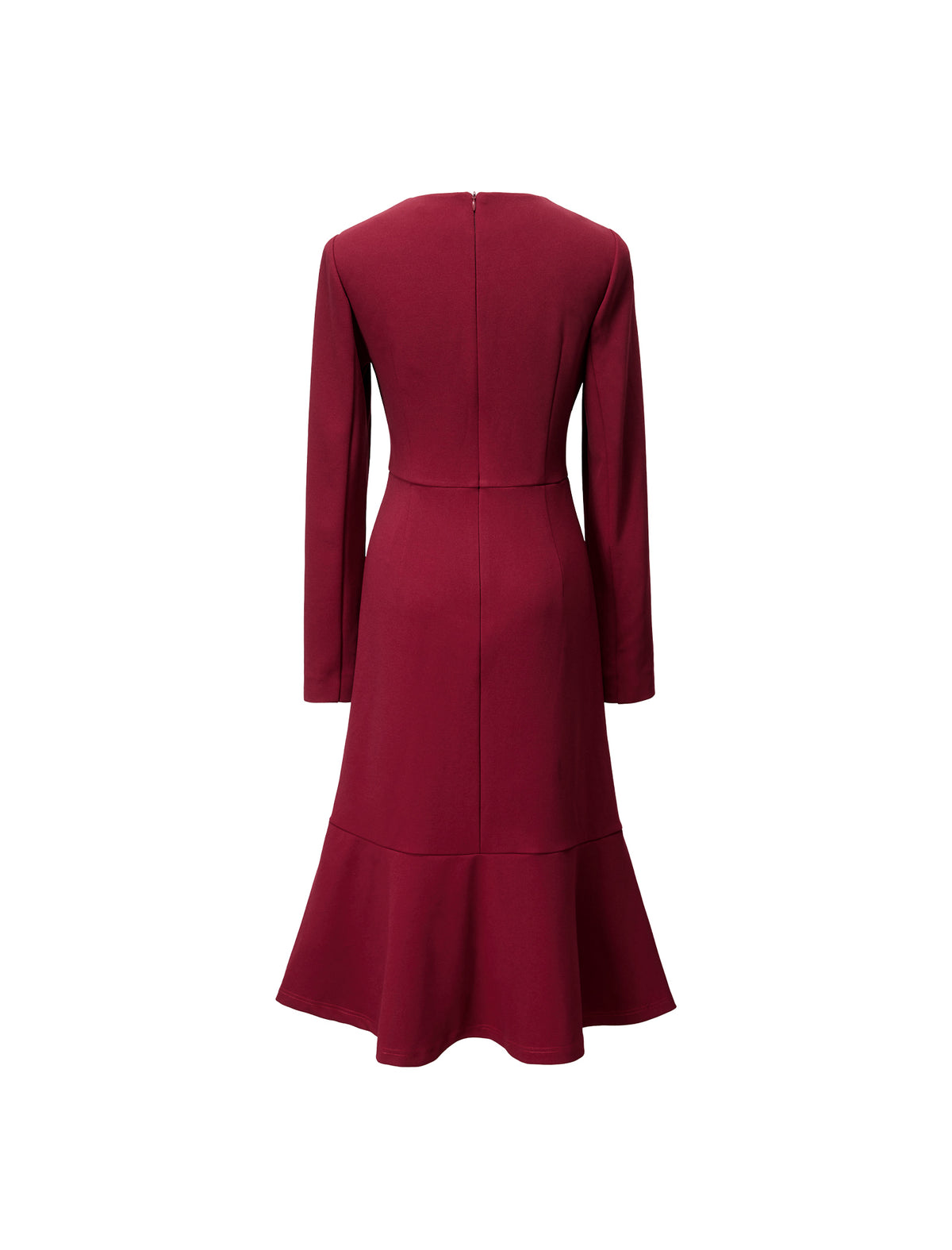 Red Long-Sleeve Button-Detail Flounce-Hem Midi Dress