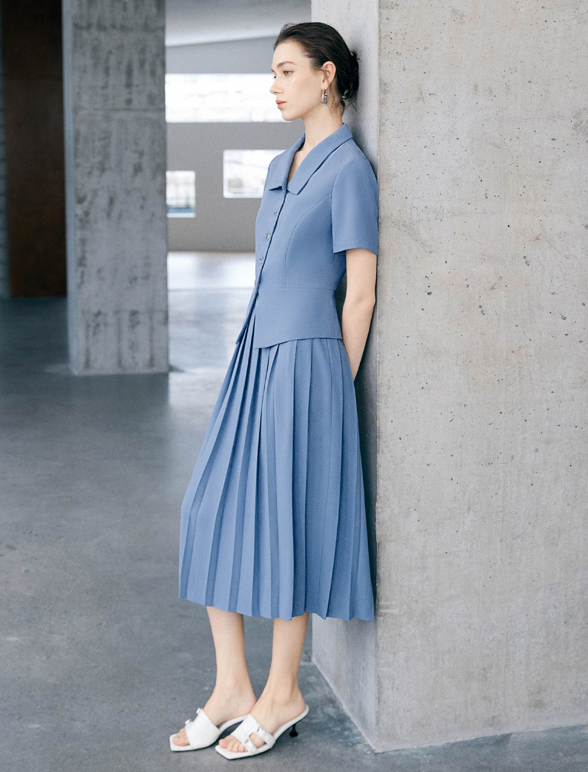 Dusty Blue Collared Button Down Peplum Short Sleeve Top