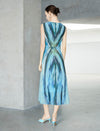 Watercolor Blue Twist Waist Sleeveless Midi Dress