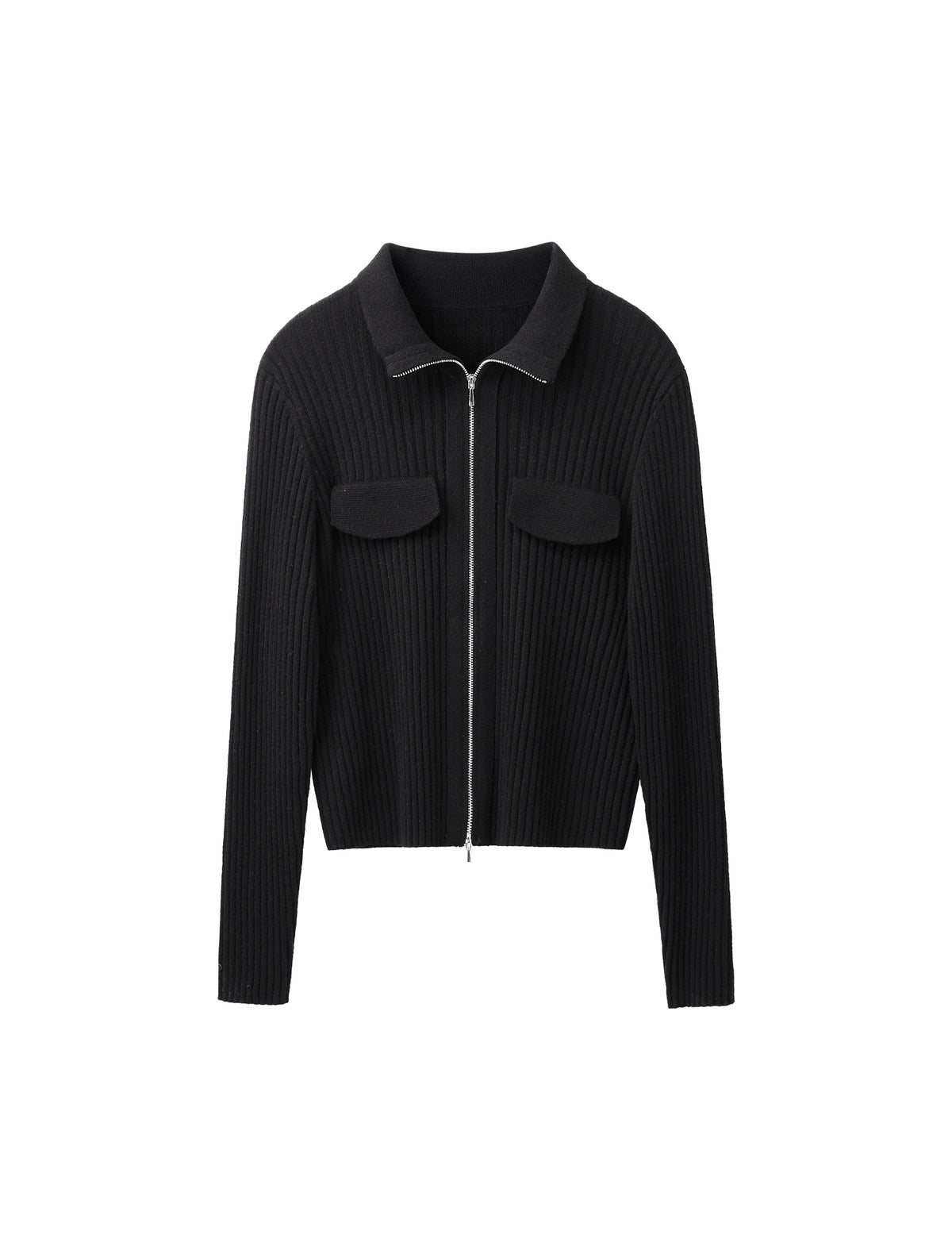 Wool Blend Zip Up Ribbed Knit Cardigan