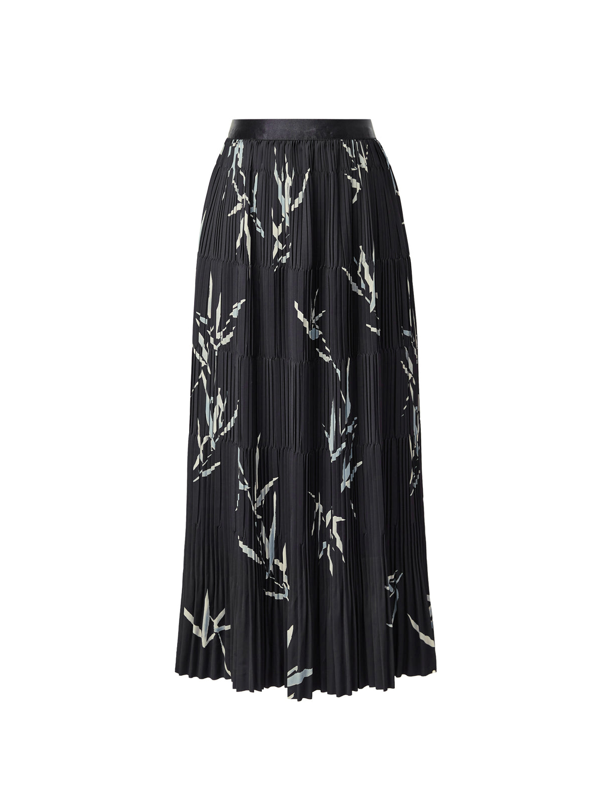 Leaf Print Tiered Pleated Midi Skirt