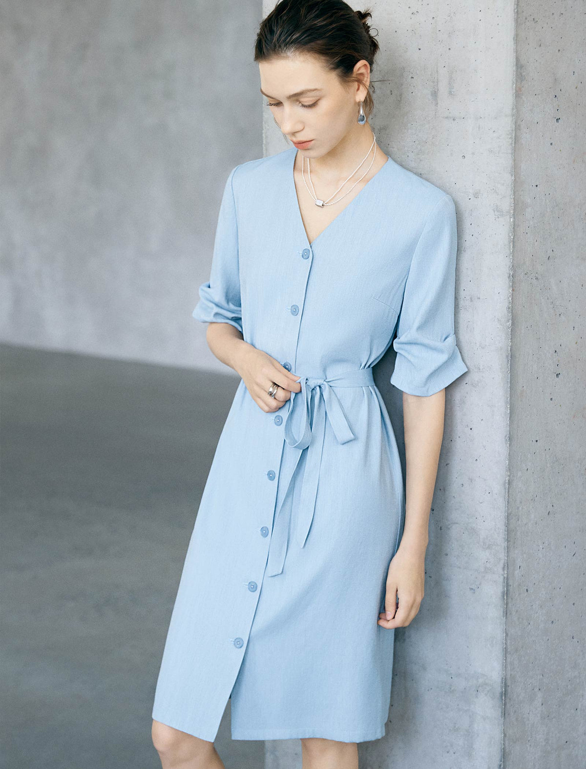 Light Blue V-Neck Tie Waist Midi Shirt Dress