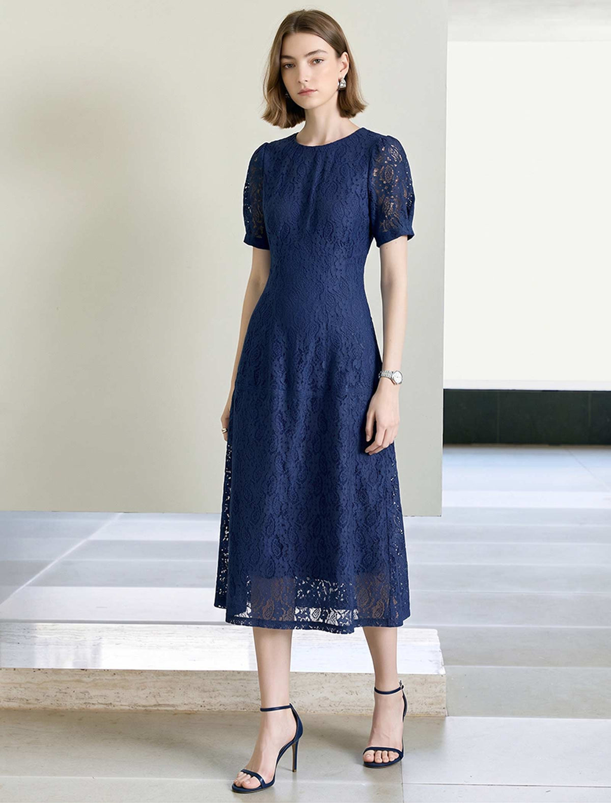 Light Blue Lace A-Line Midi Dress