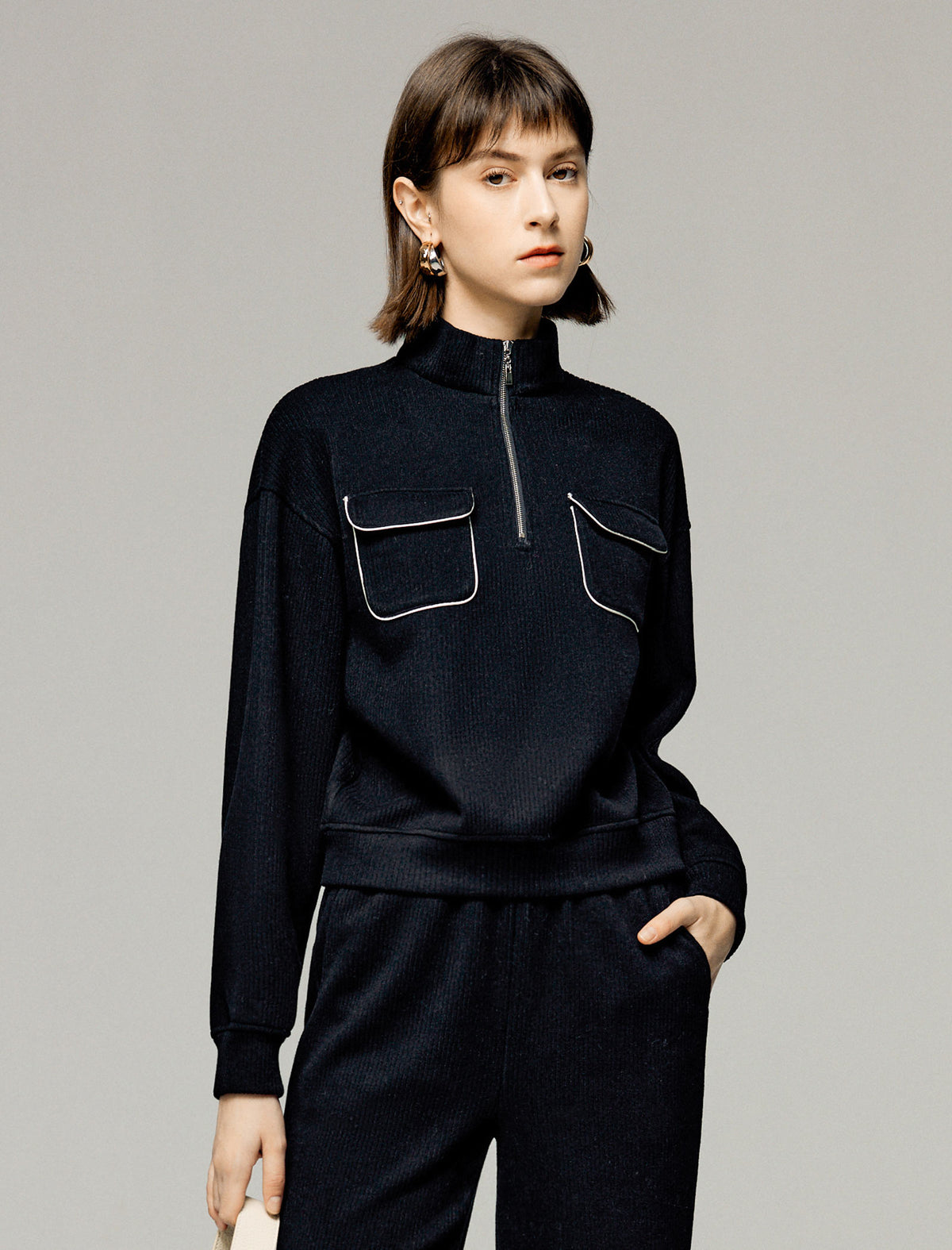 Stand-Collar Drop-Shoulder Half-Zip Relaxed Top