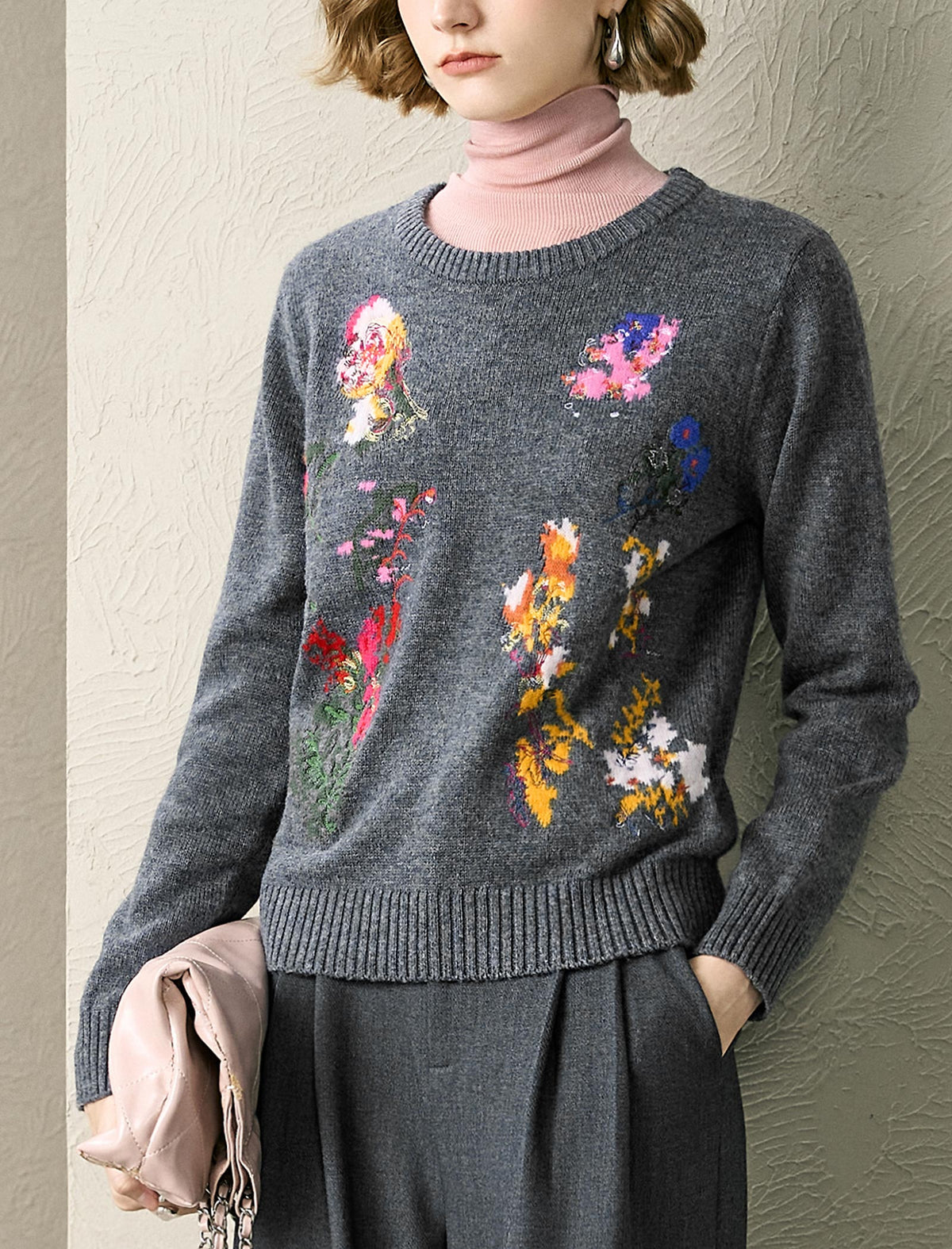 Gray Embroidered Vintage Wool Knit Sweater