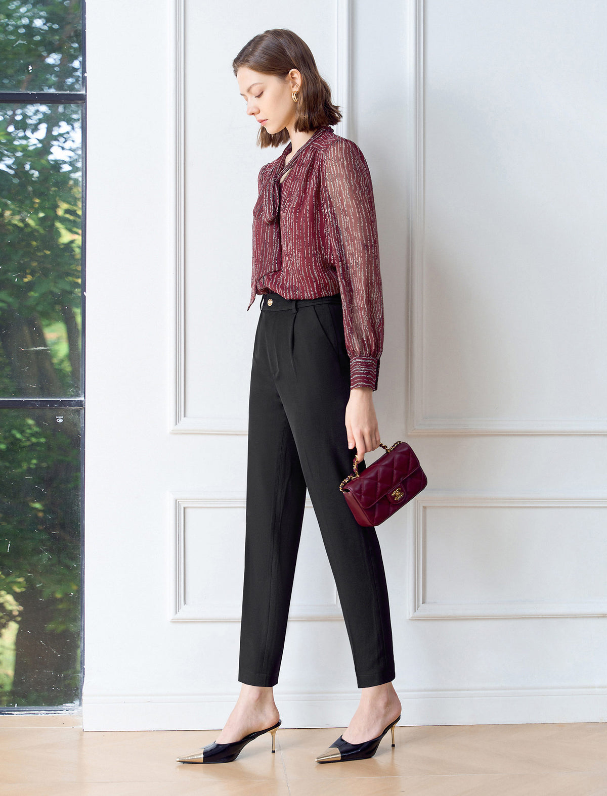 Chiffon Striped Bow Tie Blouse