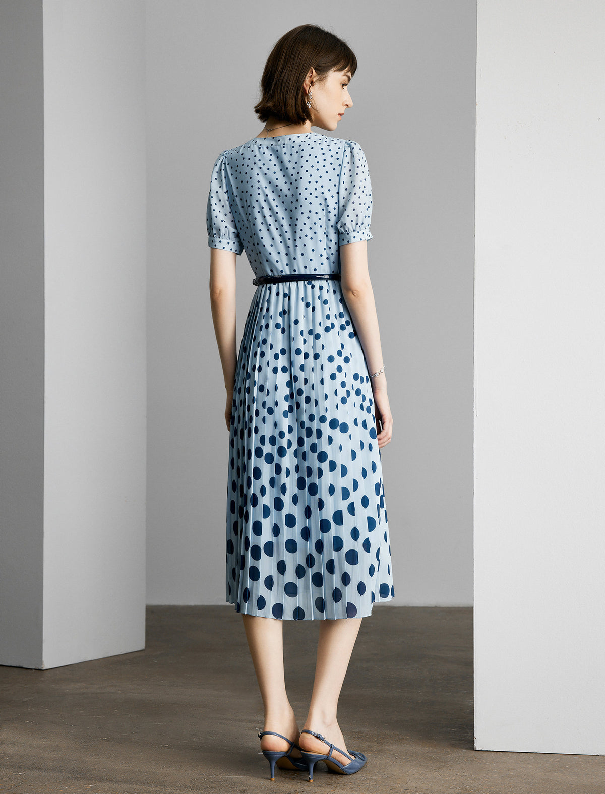 Light Blue Polka Dot Pleated Midi Dress
