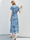 Blue Abstract Print Belted Midi Shirt Dress
