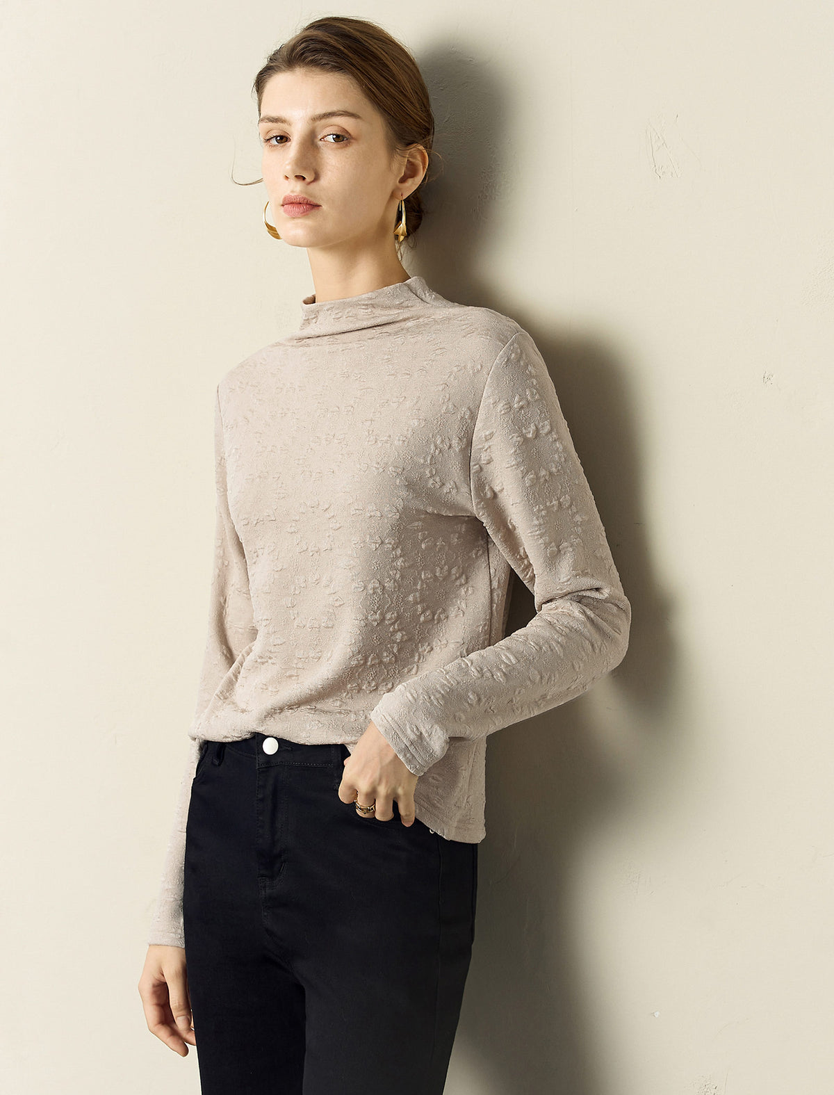 Khaki Textured Mock-Neck Long-Sleeve Knit Top