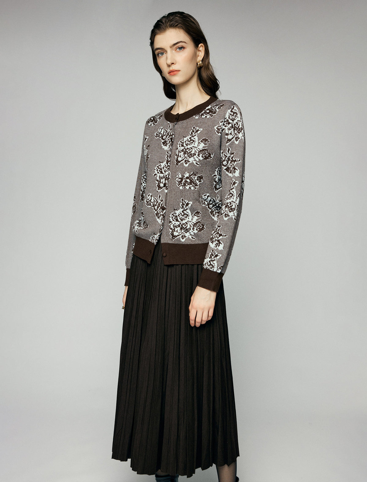 Wool Blend Floral Jacquard Crewneck Button-Front Cardigan
