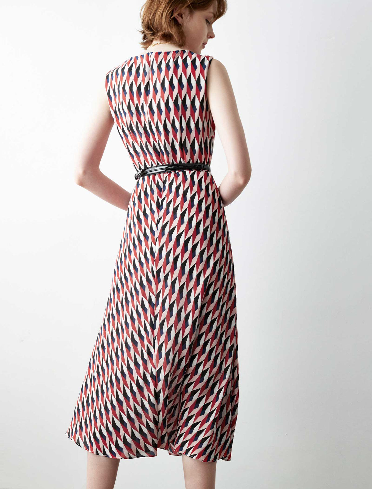 100% Silk Geometric Print Sleeveless Midi Dress