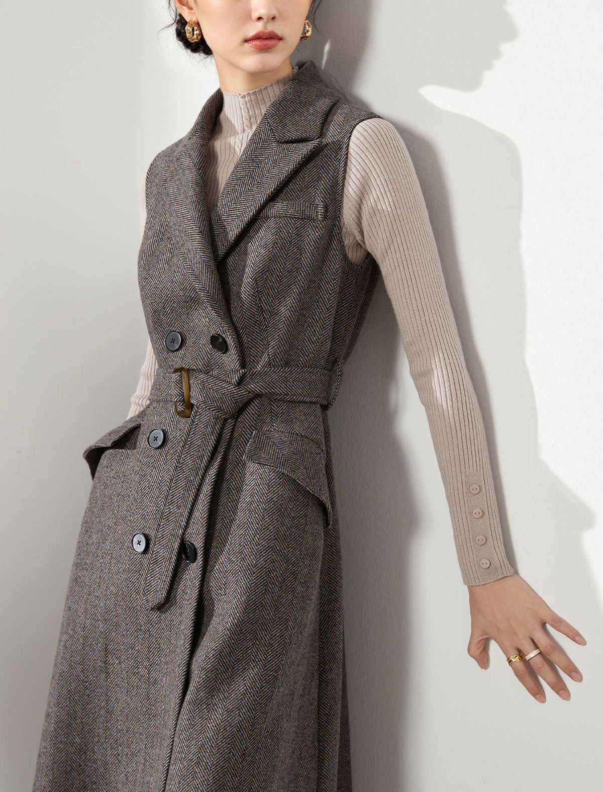 Wool Blend Sleeveless Belted Dress