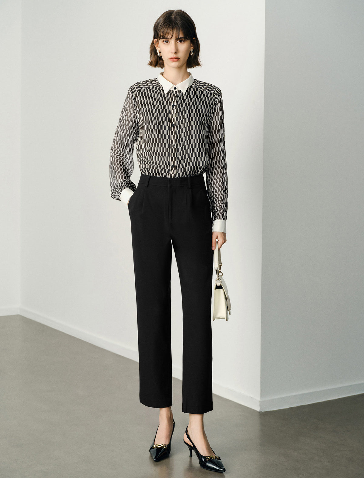 100% Mulberry Silk Checkered Button Up Blouse