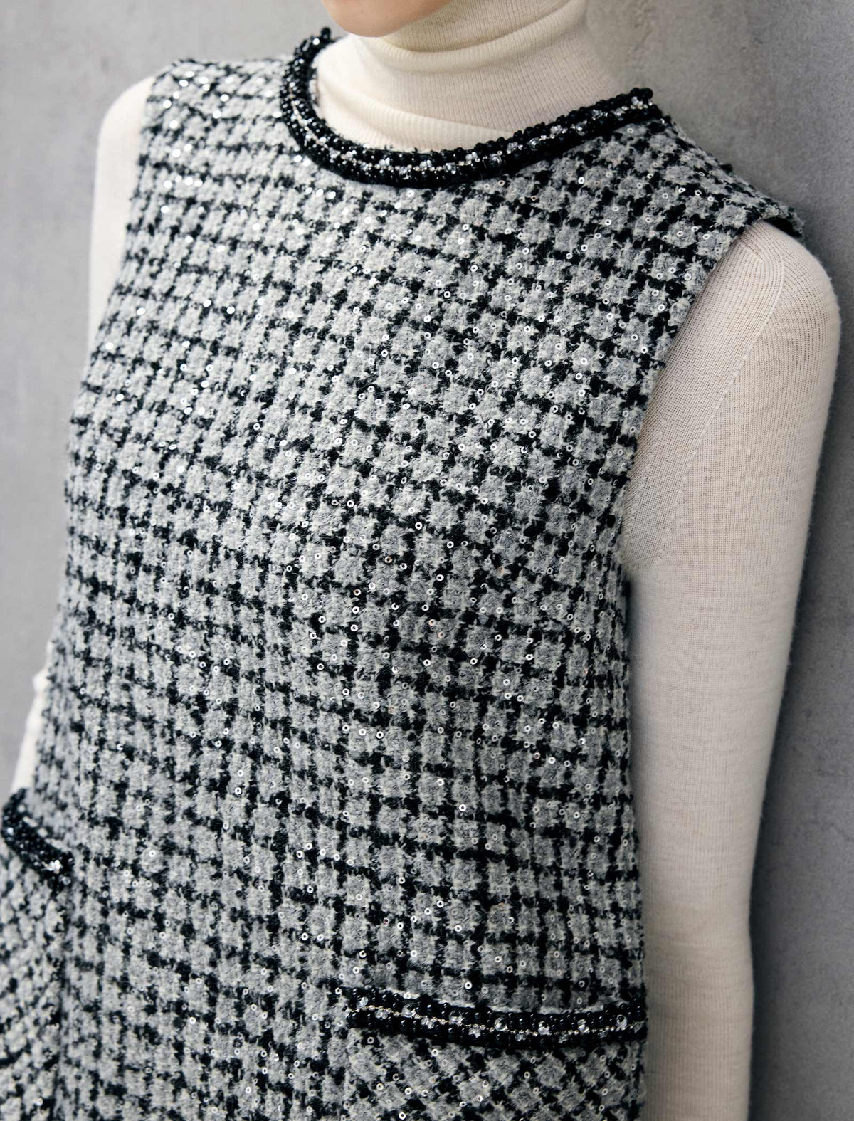 Wool Blend Braided-Trim Crewneck Pocket Sleeveless Dress