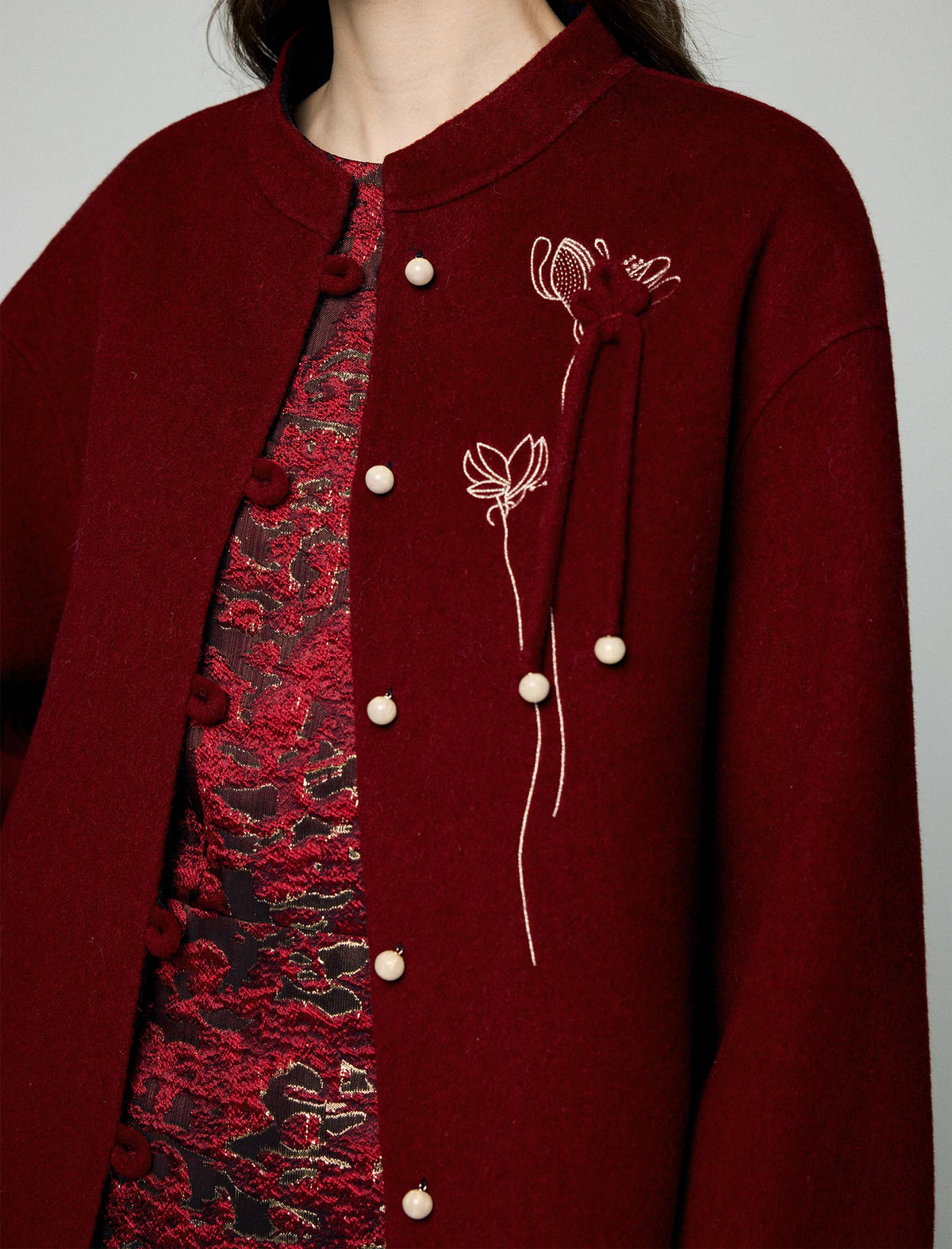 Wool Blend Frog-Button Fringe-Trim Stand-Collar Cropped Jacket