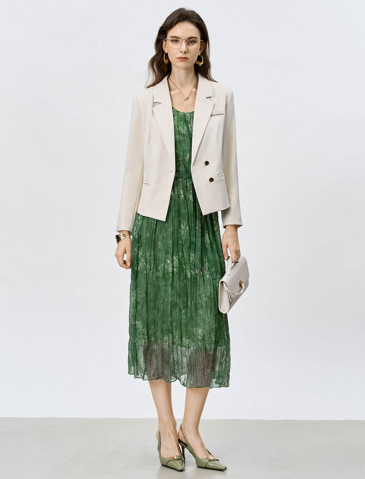 Oatmeal Cropped Double-Breasted Blazer