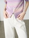 Gradient Hollow-Knit Short-Sleeve Knit Blouse