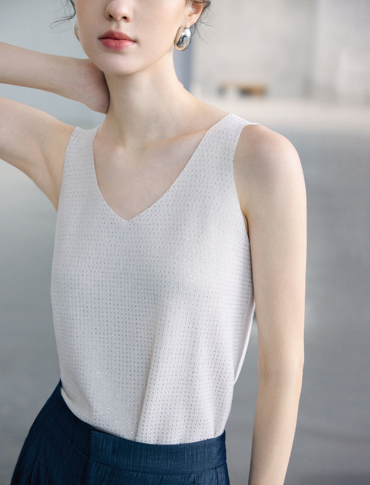 V Neck Rhinestone Knit Tank Top
