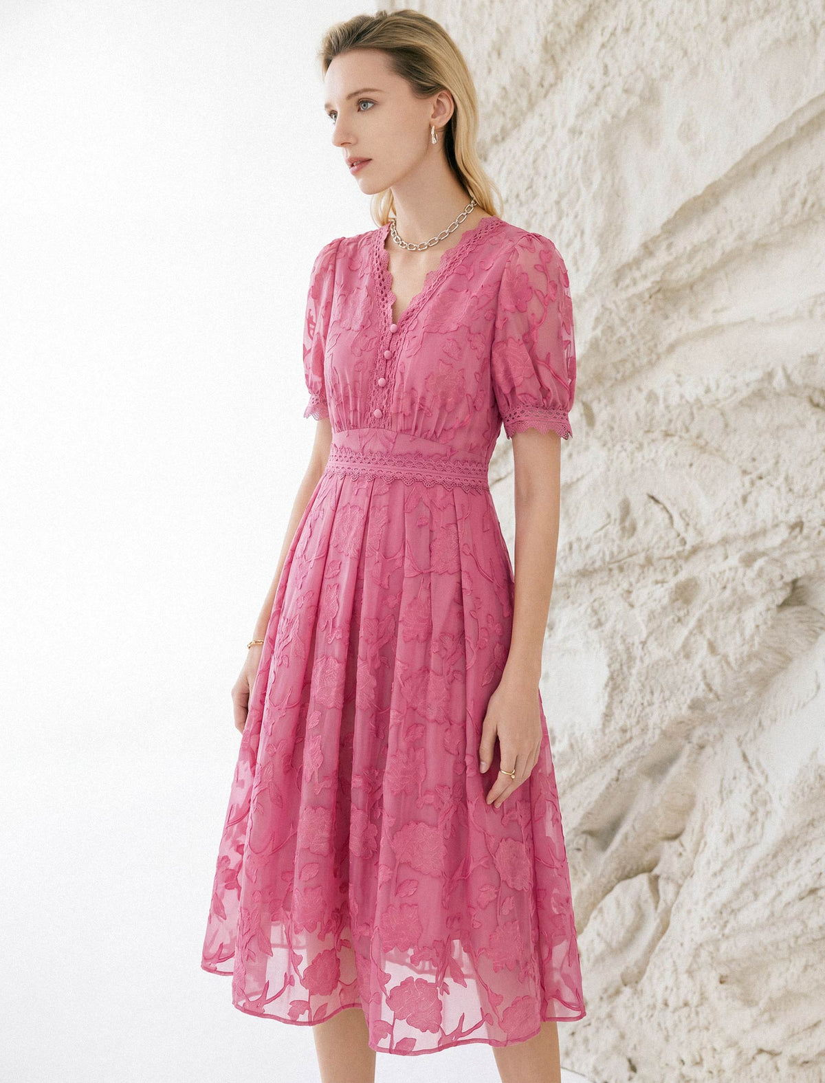 V-Neck Waist-Cinched Short Sleeve Dress