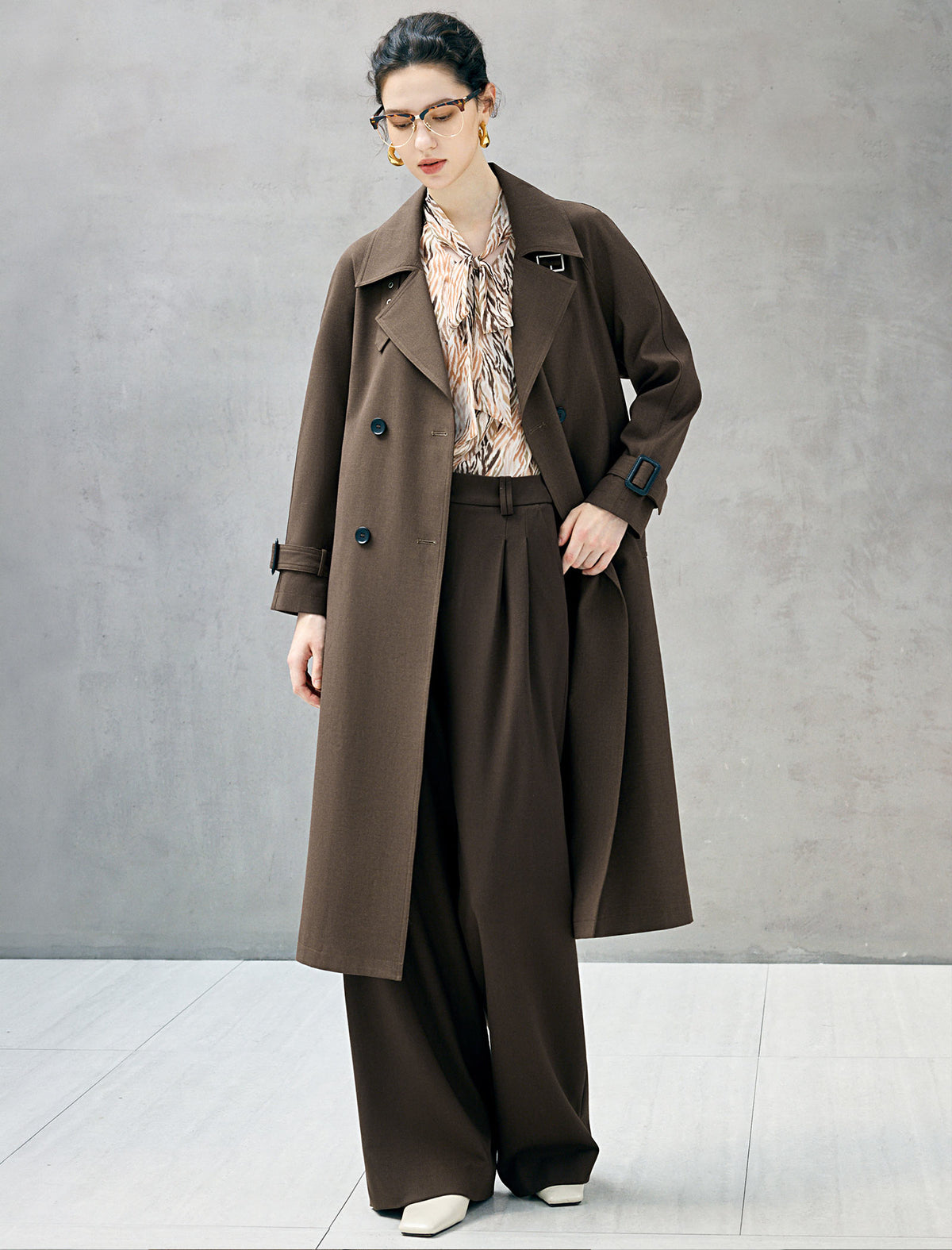 Notched Lapel Double Breasted Belted Knee-Length Trench Coat