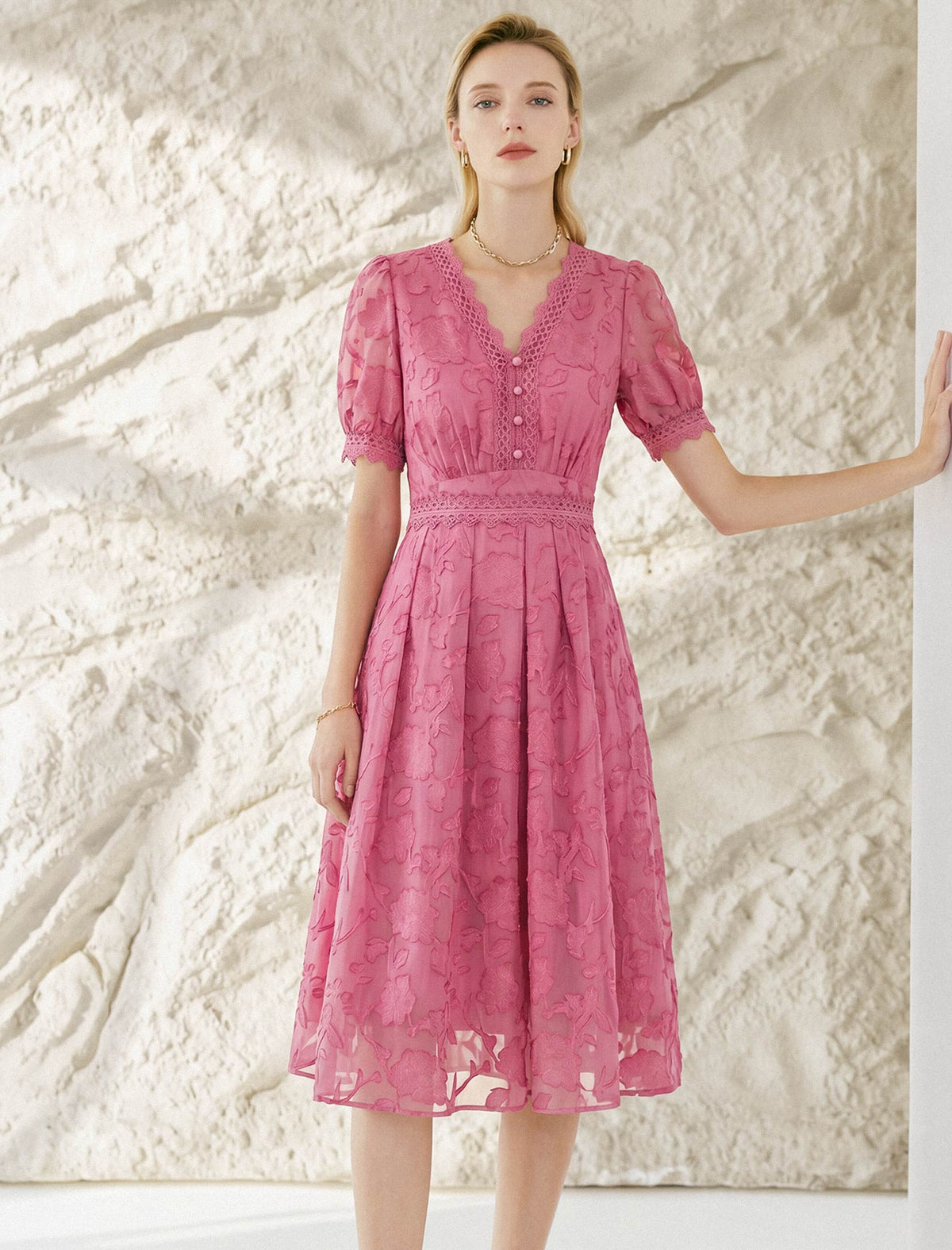 V-Neck Waist-Cinched Short Sleeve Dress