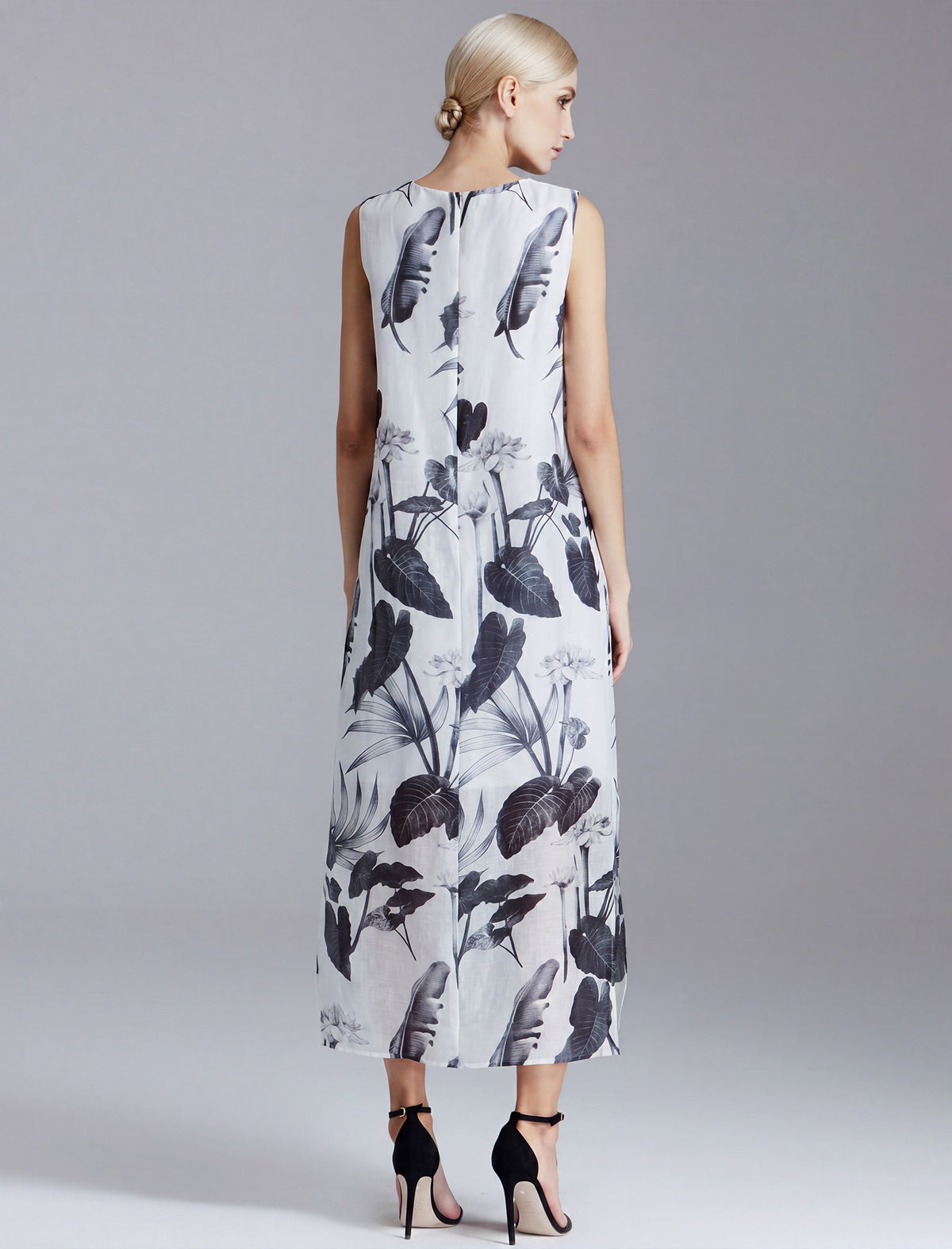 Linen Print Crew Neck Sleeveless Dress