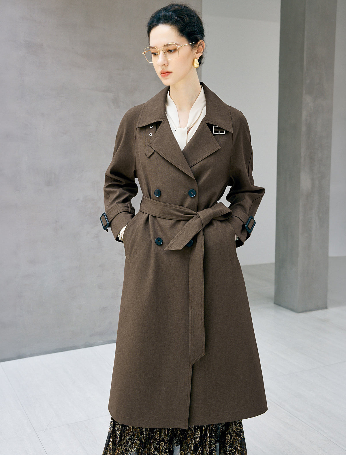 Notched Lapel Double Breasted Belted Knee-Length Trench Coat