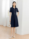 Vintage Collar Zipper Front Short Sleeve Knee Length Dress