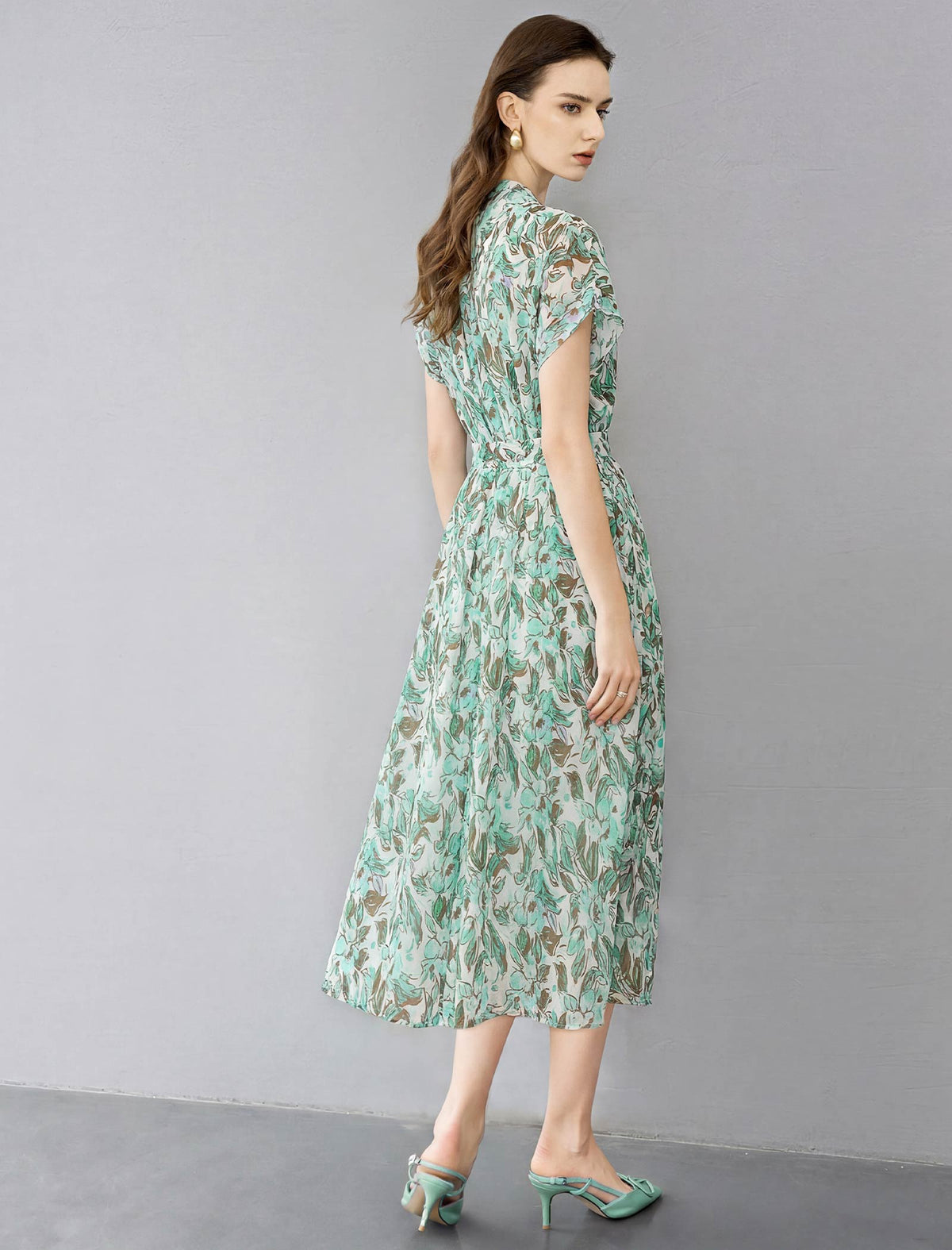 Green Floral V-Neck Tie Waist Midi Chiffon Dress