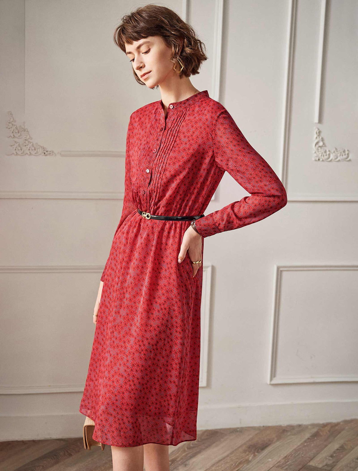 Red Ditsy Print Long Sleeve Midi Dress
