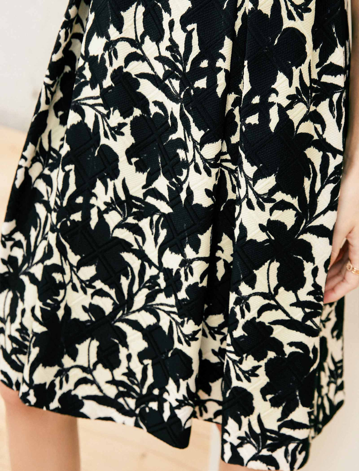 Beaded Neckline Black Floral Jacquard Sleeveless Dress