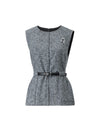 Wool Blend Crewneck Belted Pocket Sleeveless Vest