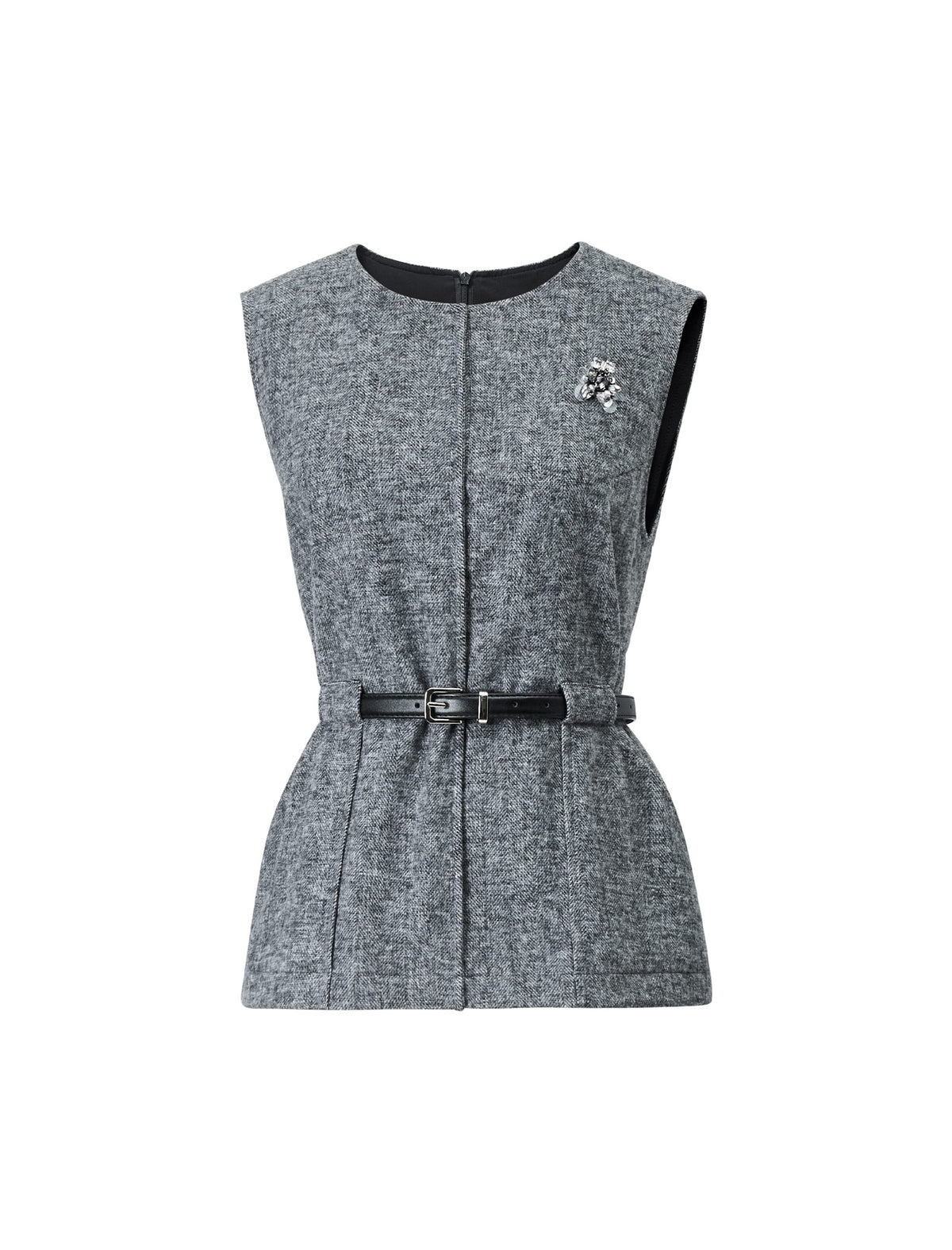 Wool Blend Crewneck Belted Pocket Sleeveless Vest