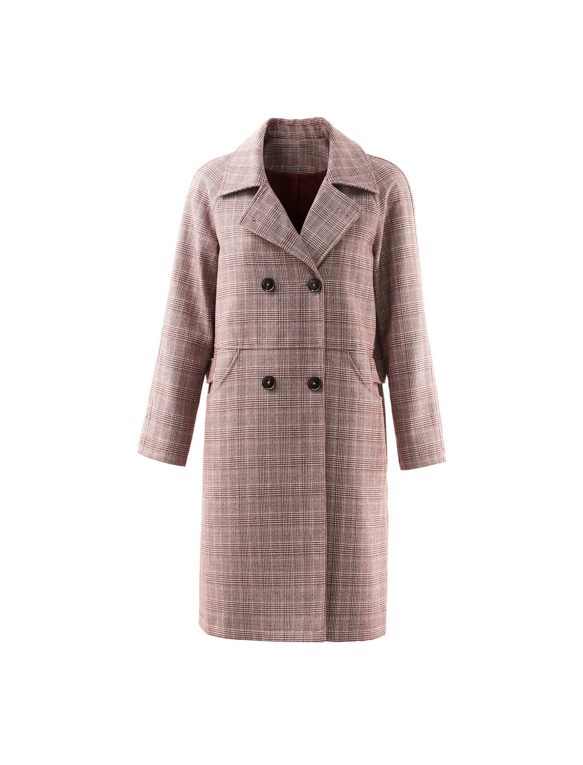 Plaid Collared Raglan-Sleeve Double-Breasted Trench Coat