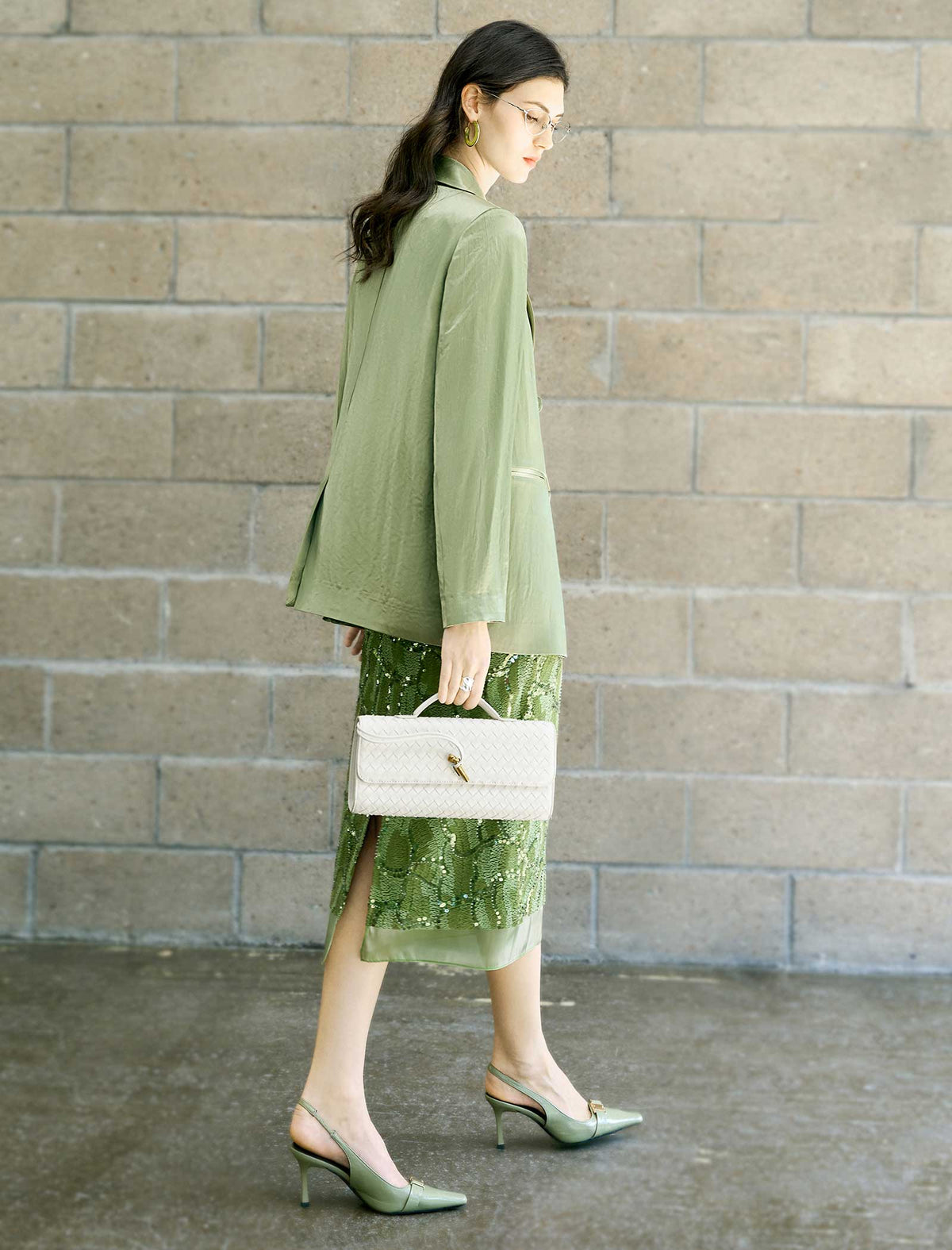 Sage Green Acetate Textured Double-Breasted Blazer