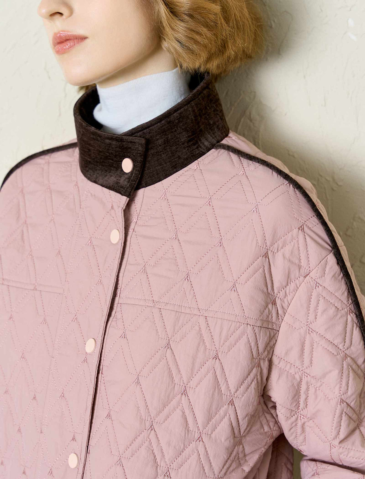 Blush Quilted Contrast Trim Bomber Jacket
