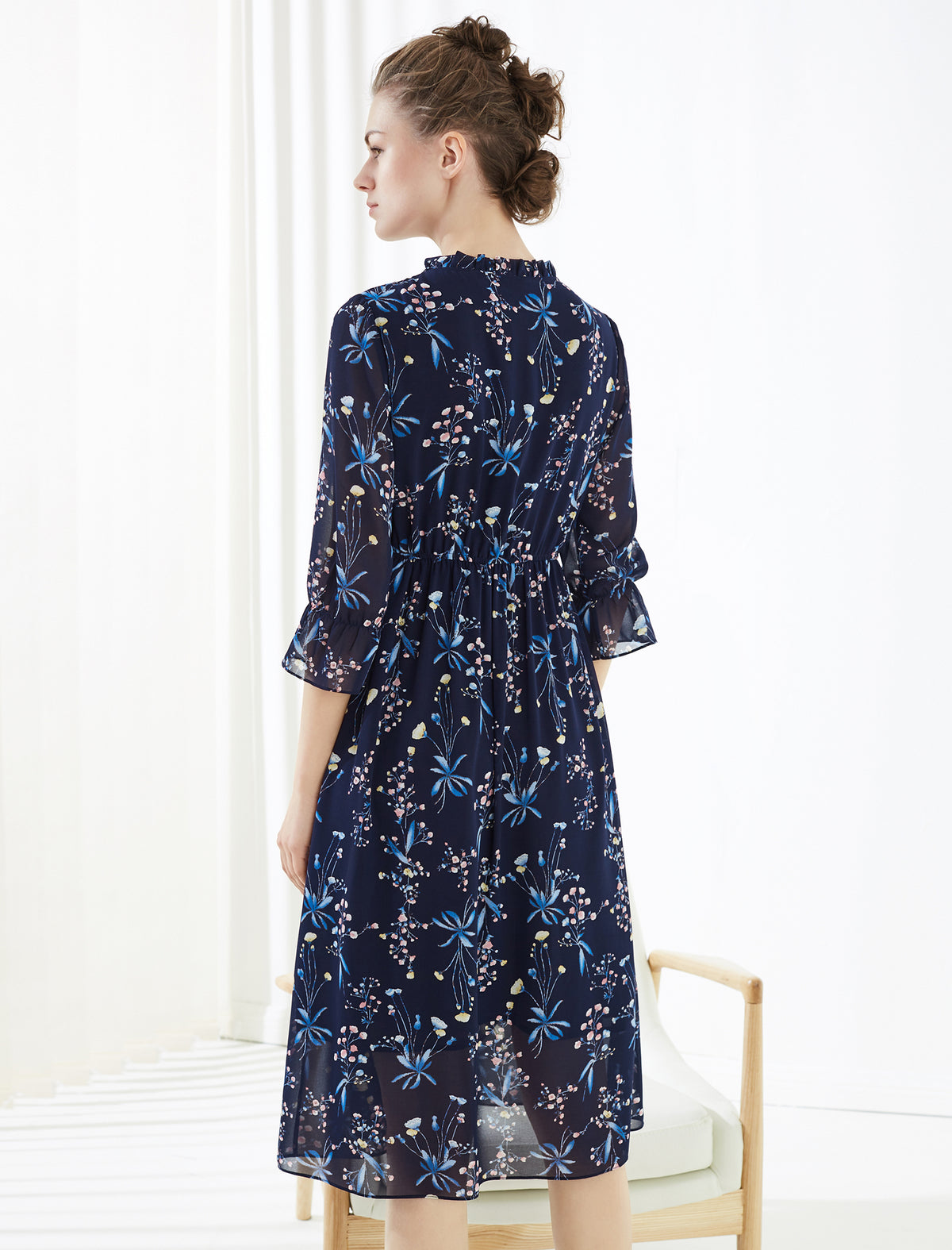 Navy Blue Floral Ruffled Neck Midi Dress