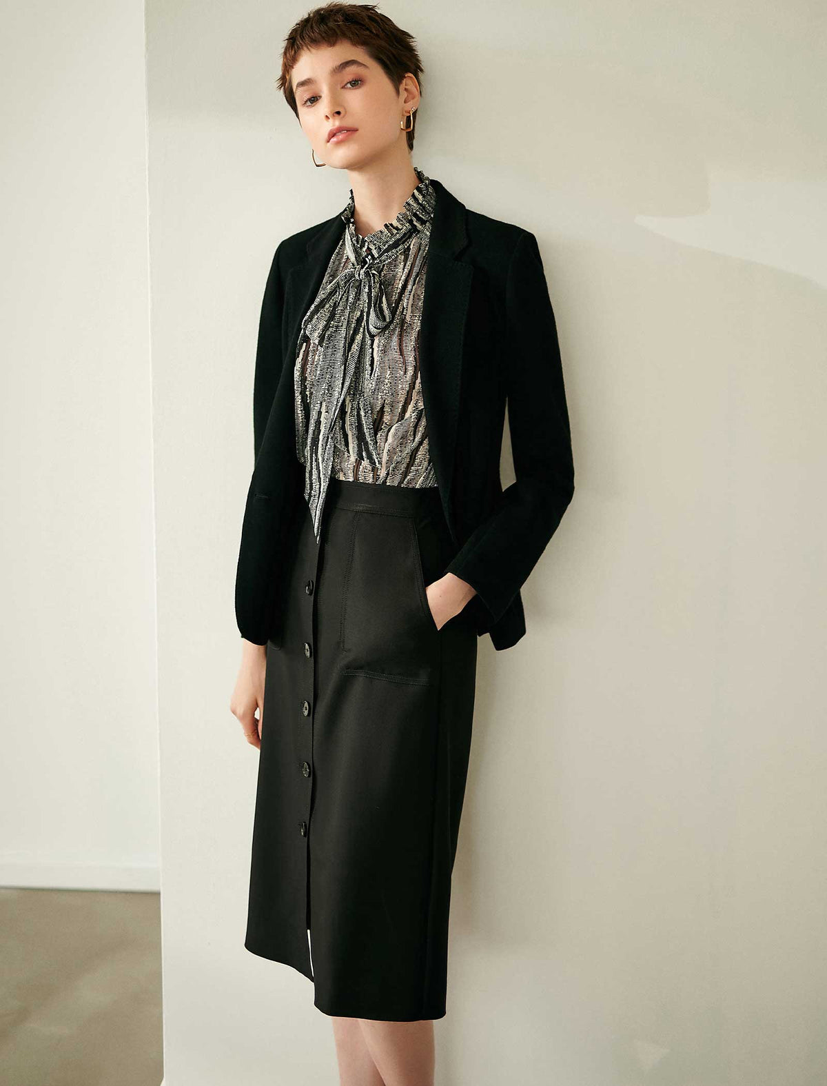 Black Button-Front Midi Pencil Skirt