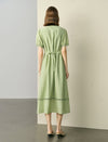 Puff Sleeve Pintuck Midi Dress with Lace Trim