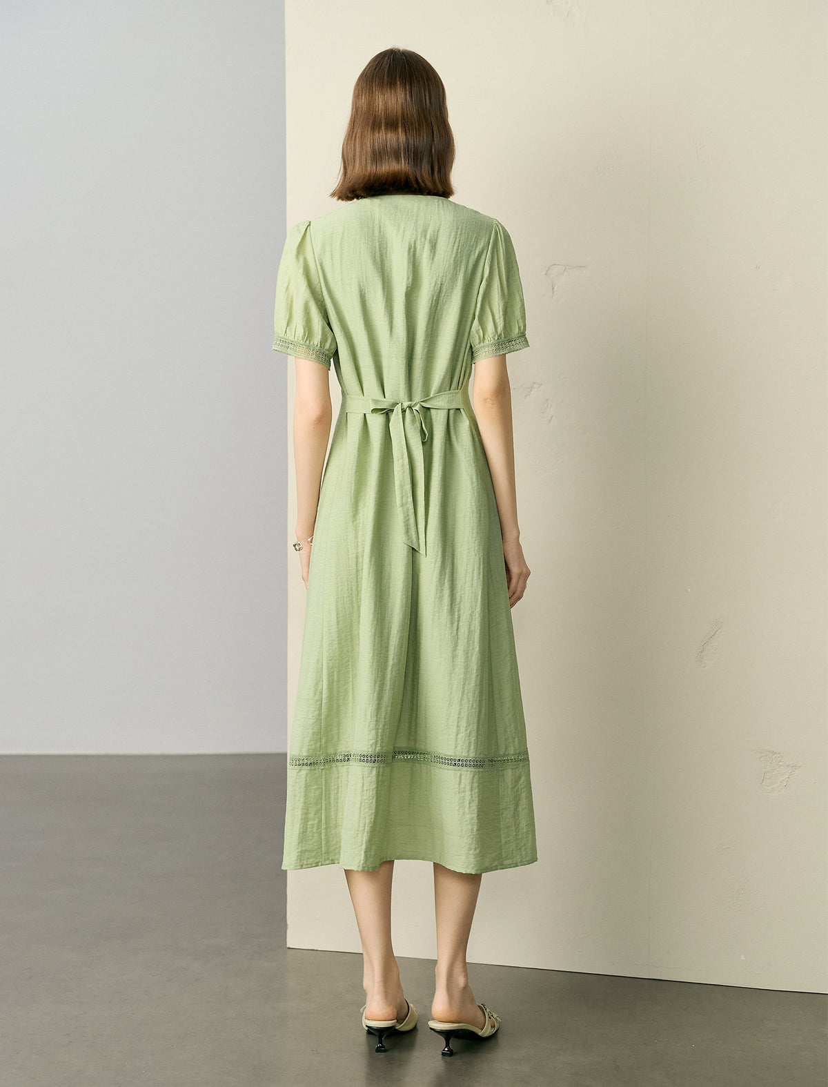 Puff Sleeve Pintuck Midi Dress with Lace Trim