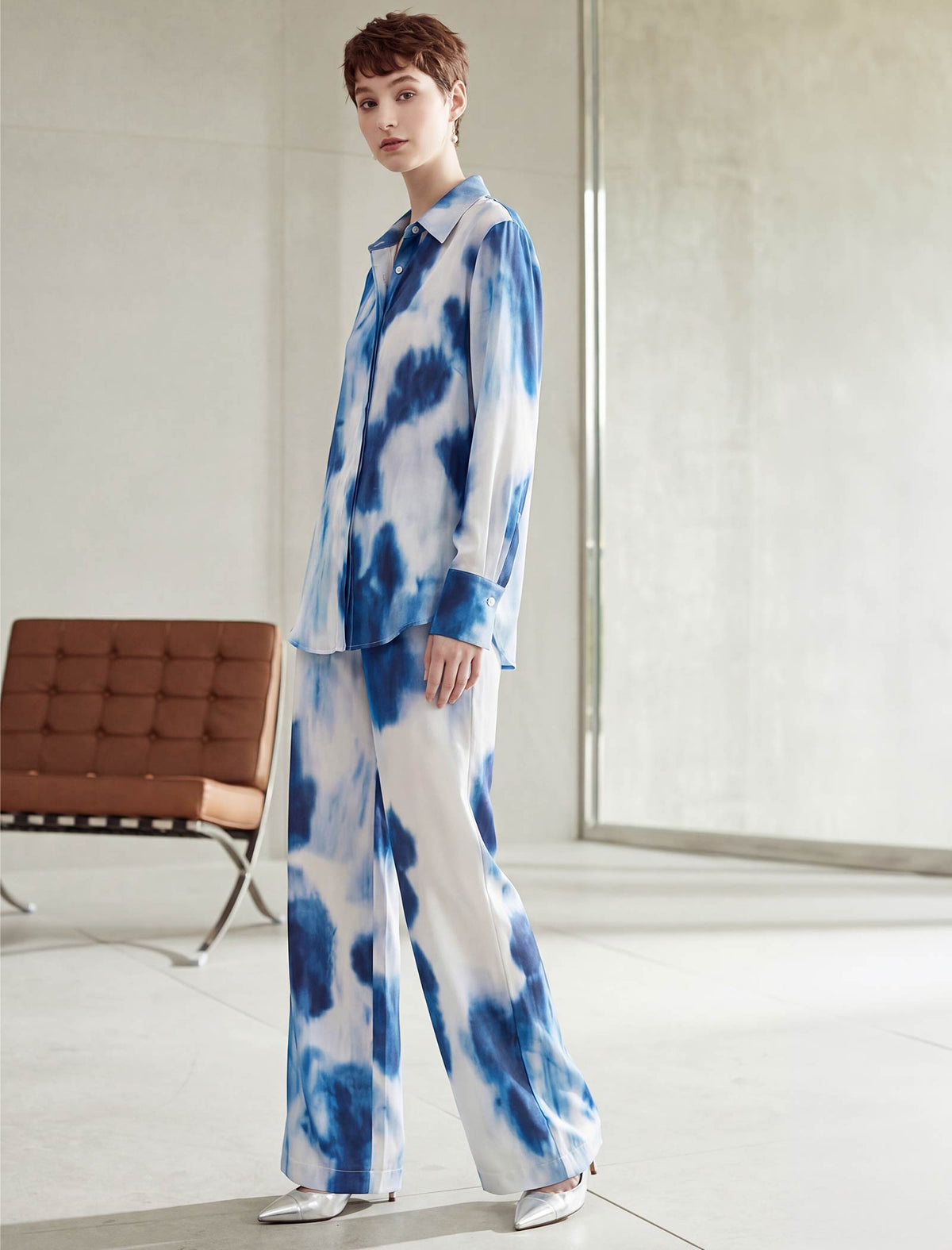 Blue And White Tie-Dye Silk Button Down Shirt