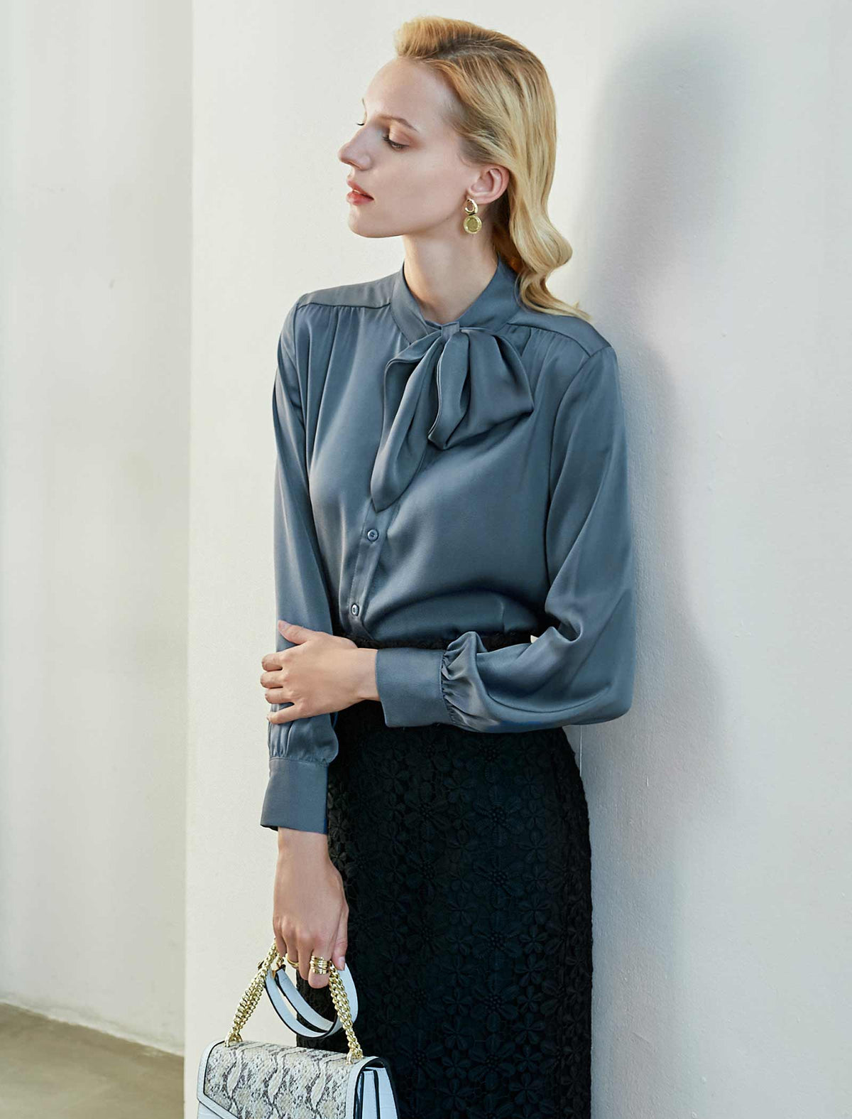 Dusty Blue Satin Tie-Neck Blouse