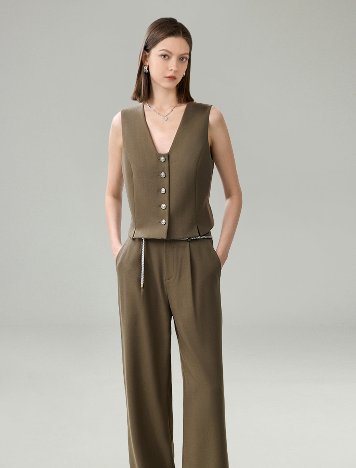 Linen Blend Wide-Leg Tailored Pants