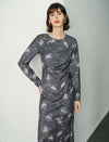 Side-Slit Waist-Cinching Printed Long Sleeve Dress
