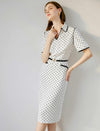 V-Neck Polka Dot Waist-Cinched Fitted Dress