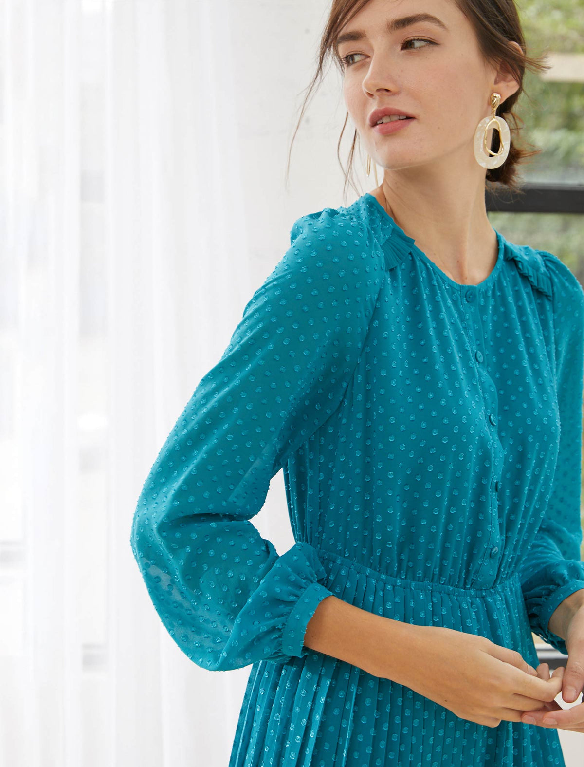 Teal Polka-Dot Pleated Midi Dress