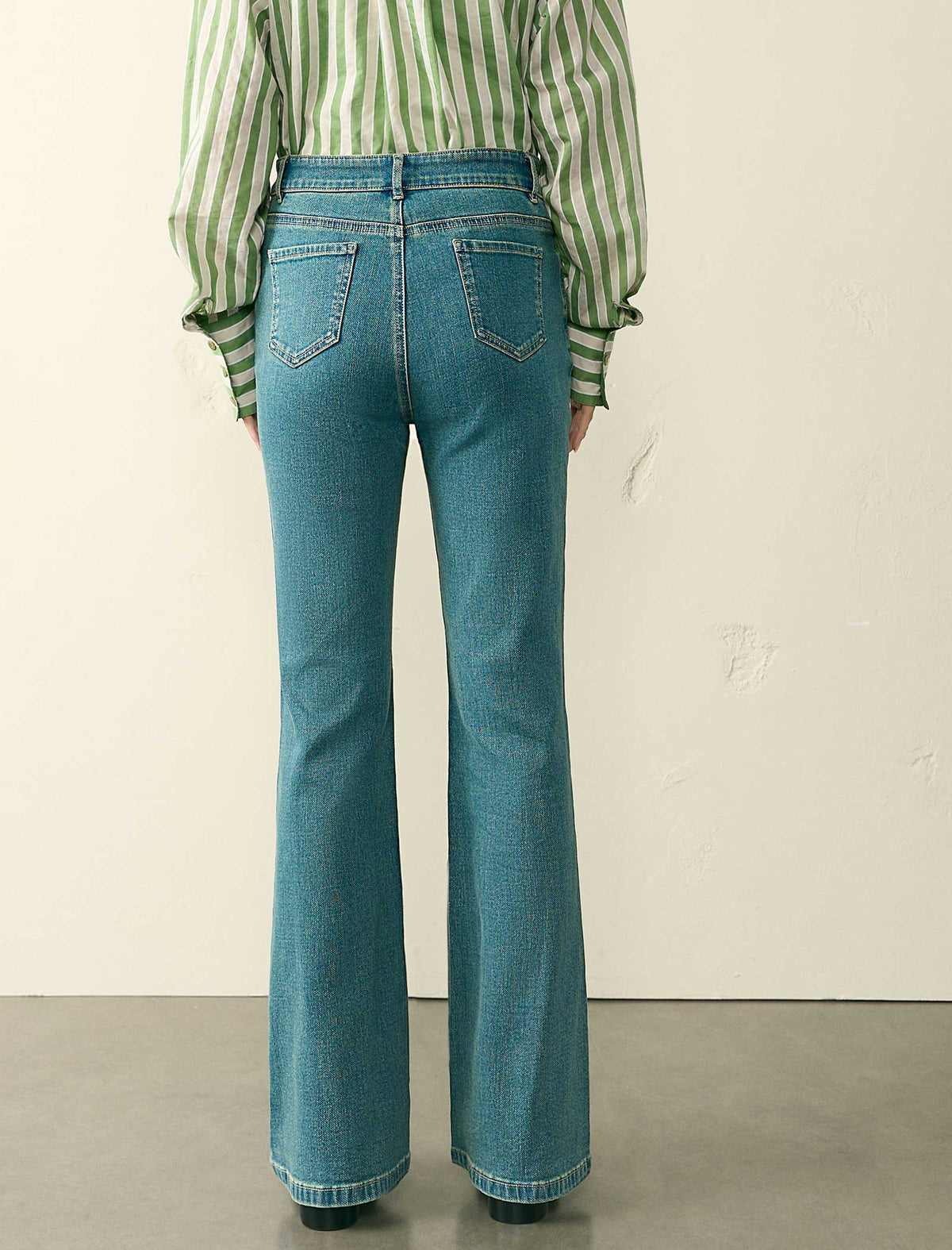 Mid Blue High Waist Side Seam Detail Flare Jeans
