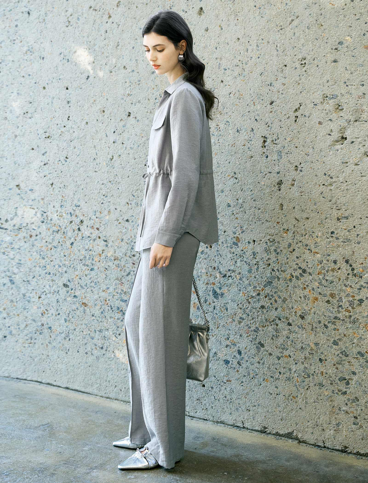 Grey Textured Drawstring Waist Tencel Shirt