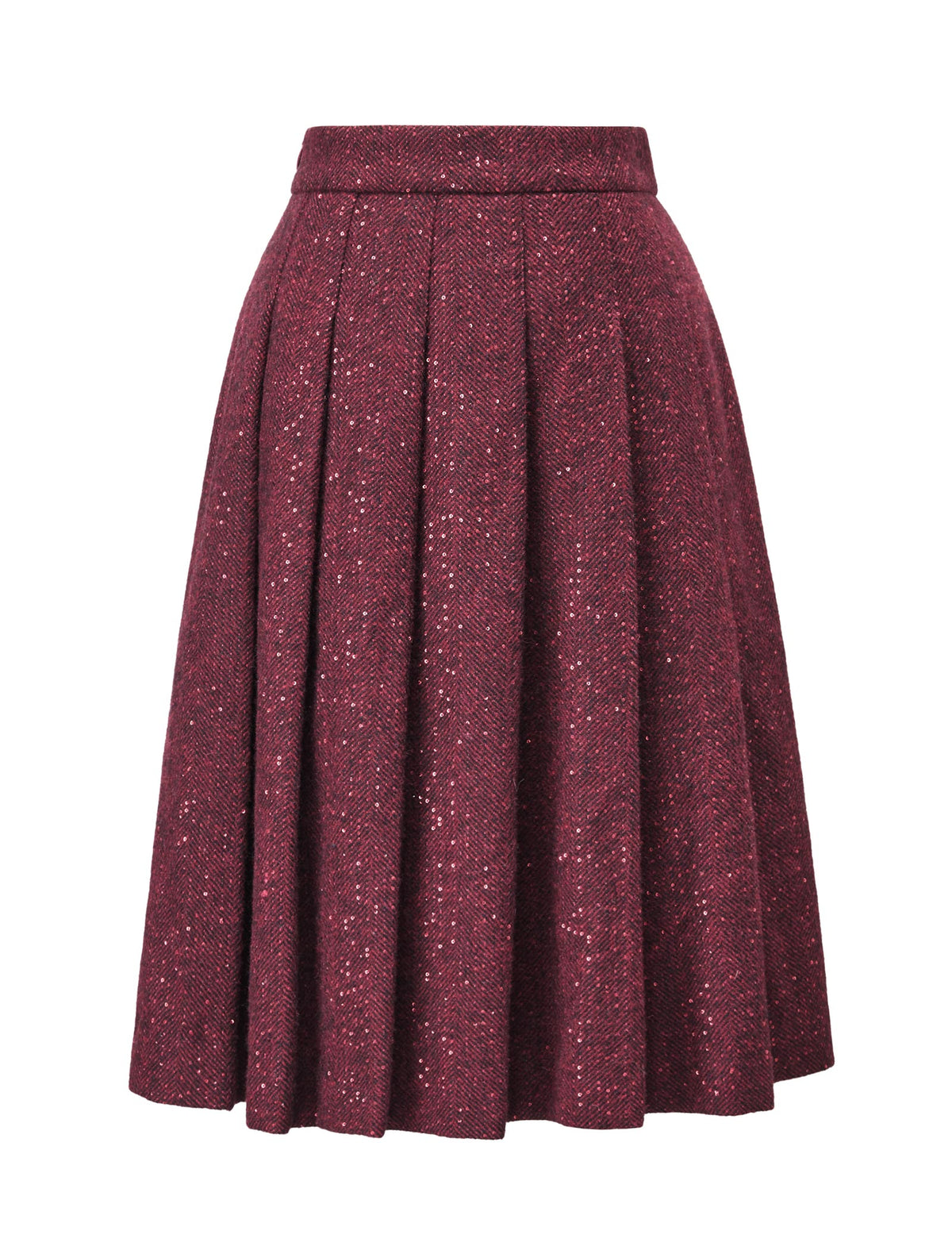 Sparkle Tweed Box-Pleated Knee-Length Skirt