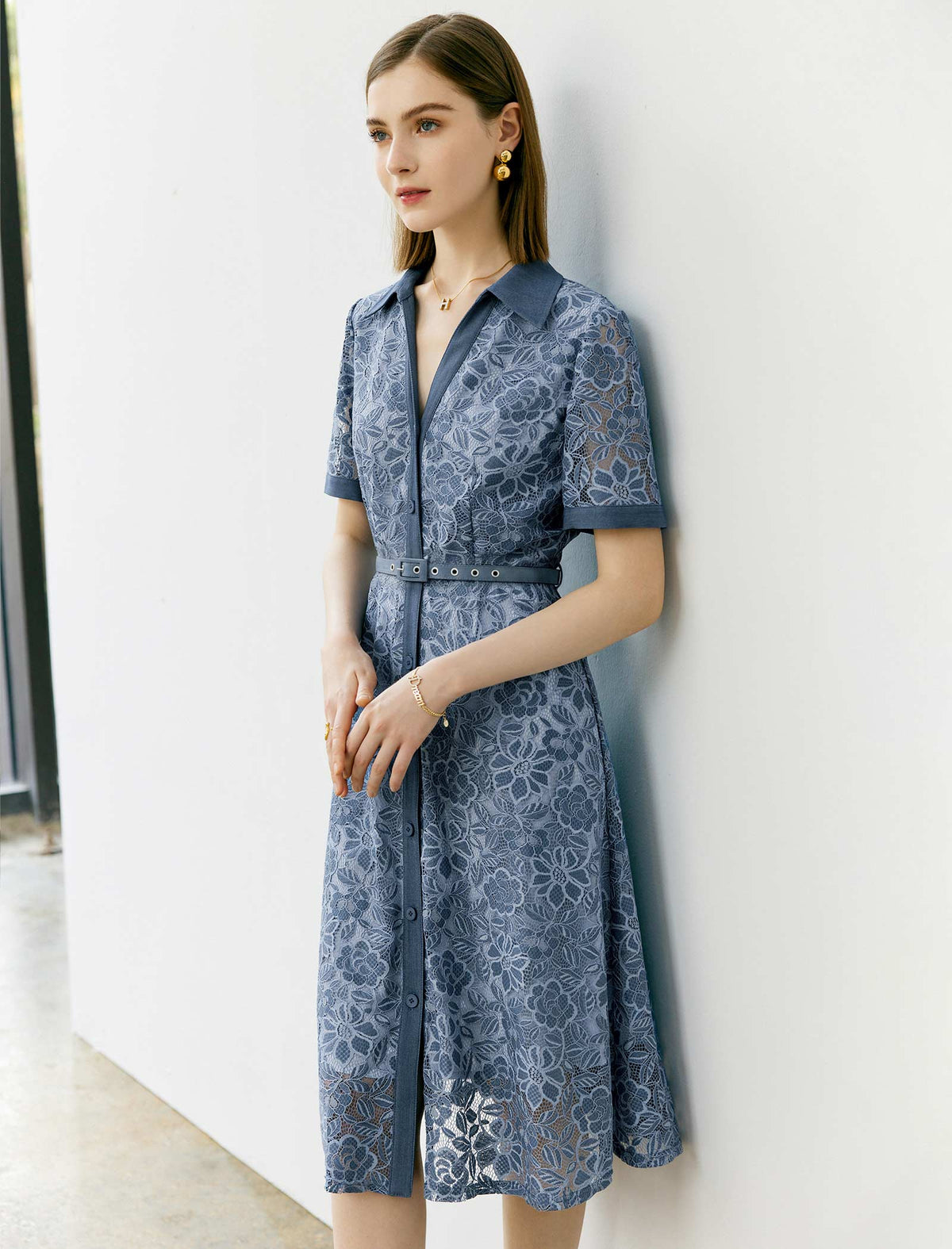 Cutout Lace Shirt Collar Dress